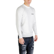 White long-sleeved crewneck sweater with black icon embroidery on left chest made of viscose blend knitwear