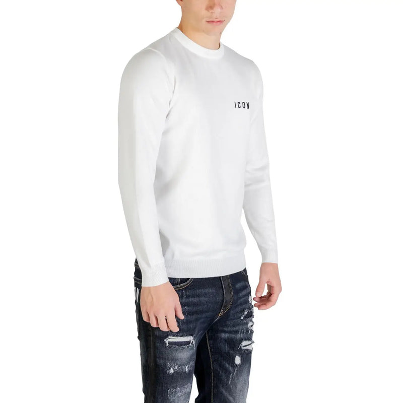 White long-sleeved crewneck sweater with black icon embroidery on left chest made of viscose blend knitwear