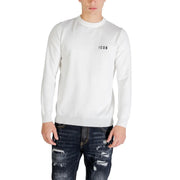 White long-sleeved crewneck viscose blend sweater with subtle black icon logo on the left chest for men knitwear