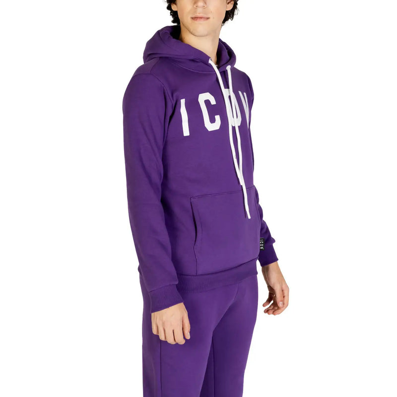 Icon Herren-Kapuzenpullover aus lila Baumwollfleece mit weißen Kordelzügen und auffälligem Aufdruck icon Logo über der Brust