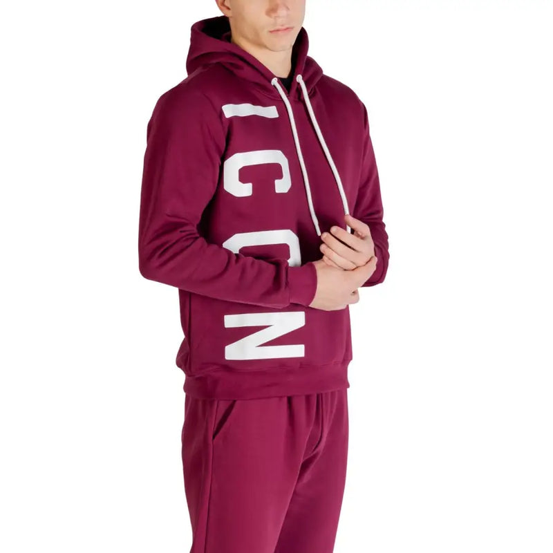 Icon Herren-Sweatshirt, bordeauxroter Baumwoll-Kapuzenpullover mit Rundhalsausschnitt, auffälliger weißer Schrift und passenden Kordelzügen