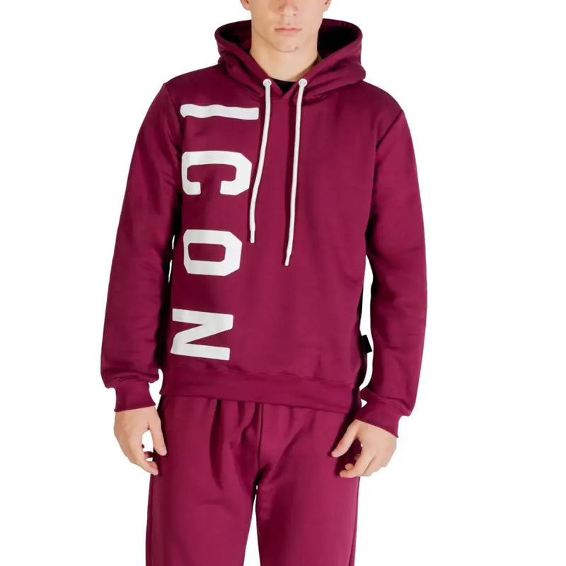 Rundhalsausschnitt aus bordeauxrotem Baumwollstoff icon Herren-Sweatshirt mit auffälliger weißer vertikaler Schrift und passendem Kapuzenpullover mit Kordelzug