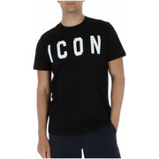 Schwarzes Kurzarm-T-Shirt aus Baumwolle für Herren mit auffälligem weißen Aufdruck icon Beschriftung auf der Brust Modell iut001