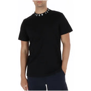 Schwarzes Herren-T-Shirt mit weißem icon Logo-Kragen-Detail, aus Baumwolle gefertigt, mit kurzen Ärmeln und Rundhalsausschnitt