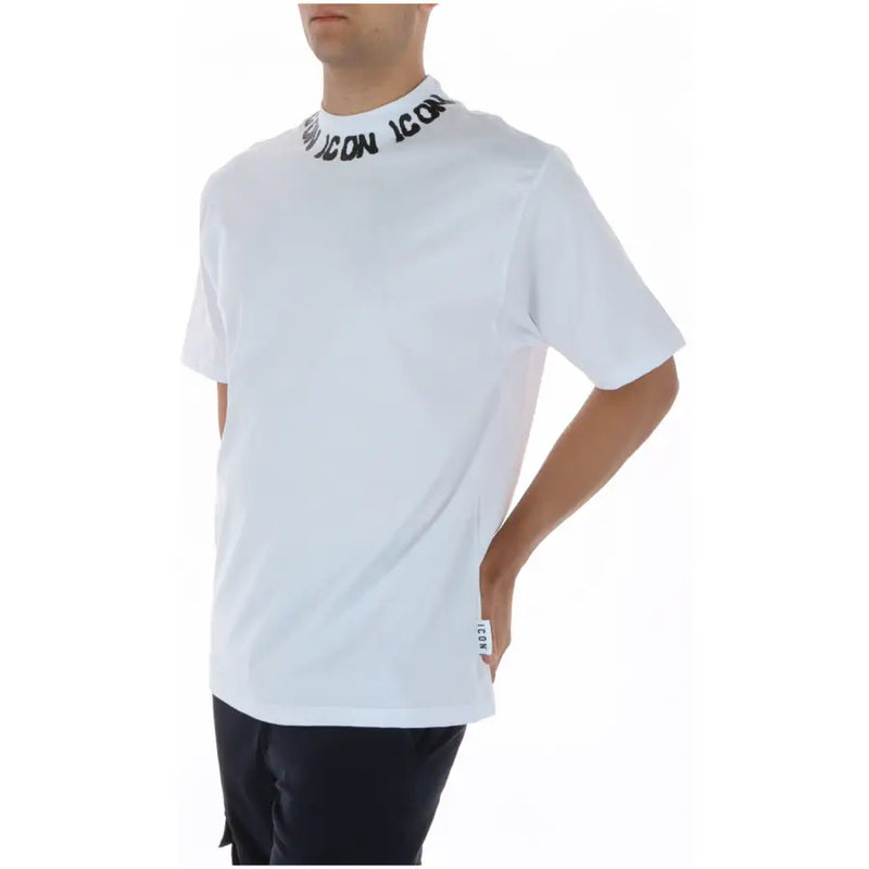 Weiße Baumwolle icon Herren-T-Shirt mit Rundhalsausschnitt, kurzen Ärmeln und schwarzem Design icon Schriftzug um den Kragen