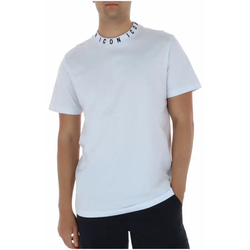 Weißes Herren-T-Shirt aus Baumwolle mit Rundhalsausschnitt, kurzen Ärmeln und schwarzem icon Logoband um den Kragen