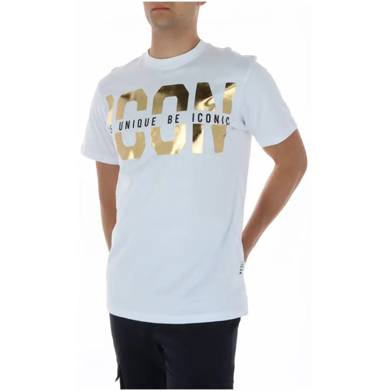 Weißes Herren-T-Shirt mit Rundhalsausschnitt aus 100 % Baumwolle mit auffälligem Golddruck icon Schriftzug und einzigartige, ikonische Drucke