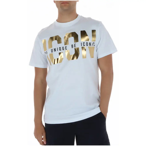 White cotton men t shirt with round neck featuring bold gold foil icon graphic and unique be iconic phrase print