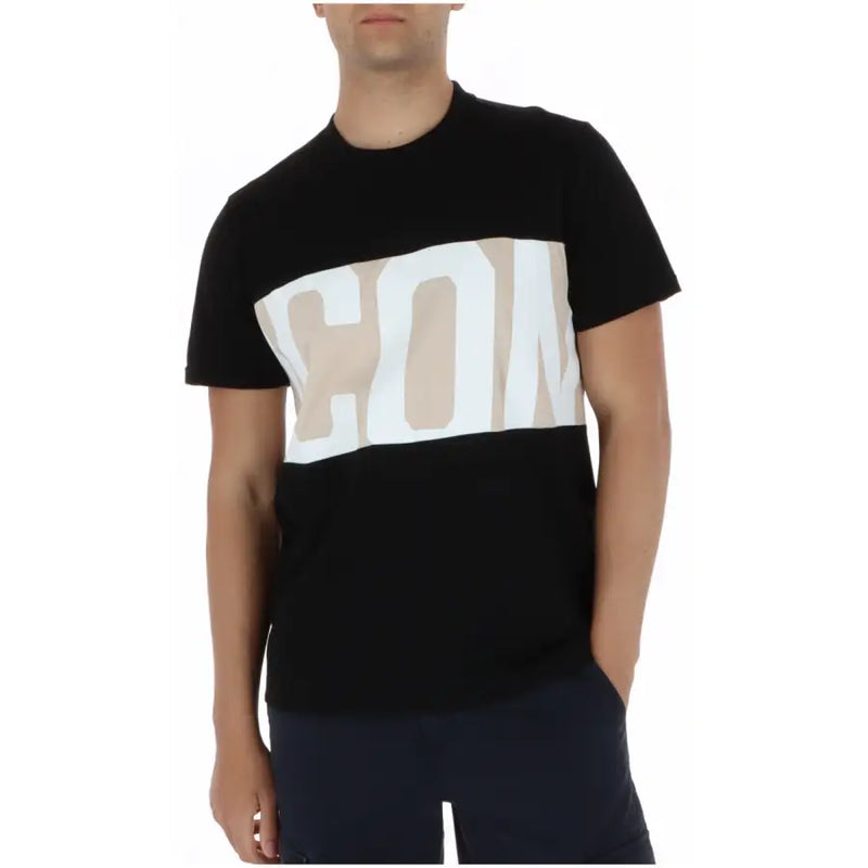 Schwarzes Kurzarmhemd icon Herren-T-Shirt mit auffälligem, horizontalem weißen und beigen Aufdruck, 100 % Baumwolle, Rundhalsausschnitt