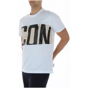 Weißes Herren-T-Shirt aus Baumwolle mit Rundhalsausschnitt und kräftigem Schwarz-Beige-Aufdruck icon Aufdruck auf der Brust