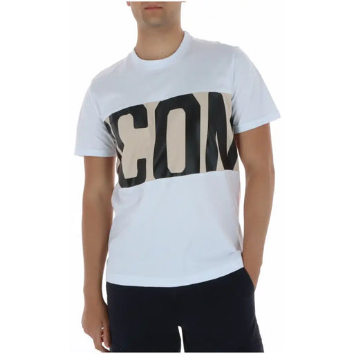 Weißes Kurzarmhemd icon Herren-T-Shirt mit auffälligem, schwarz-beigem Schriftzug aus 100 % Baumwolle