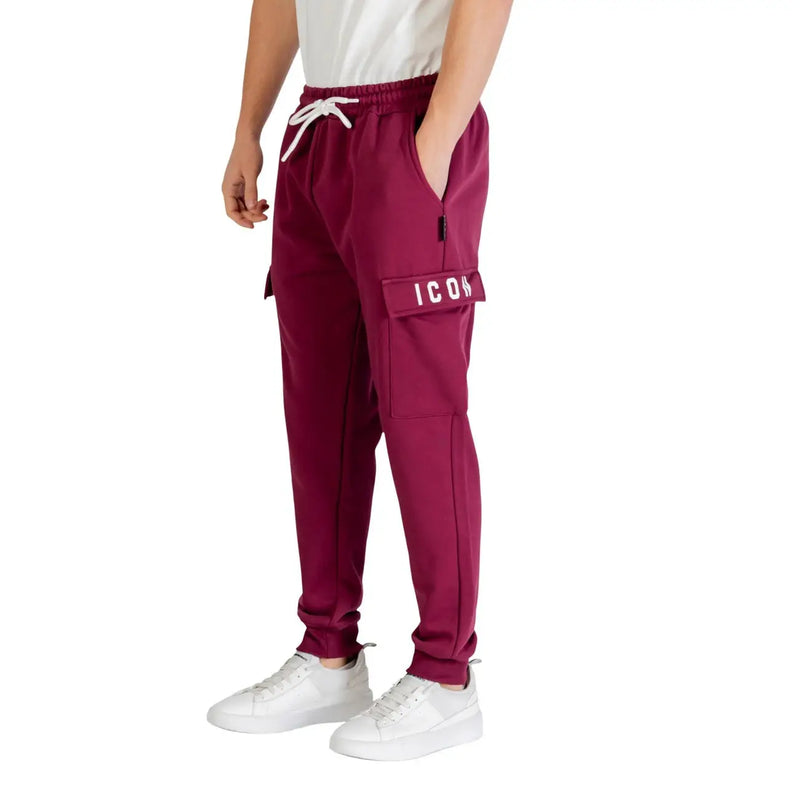 Icon men trousers maroon cargo joggers with white drawstring and icon branding on a side pocket