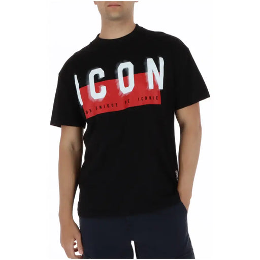 Black cotton round neck t shirt with bold white icon lettering and red stripe featuring de unique de iconic text