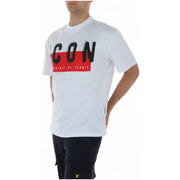 Weißes, kurzärmeliges Baumwoll-T-Shirt mit Rundhalsausschnitt und kräftigem schwarzen Aufdruck icon Beschriftung und roter Streifen von Icona, Modell IUT041