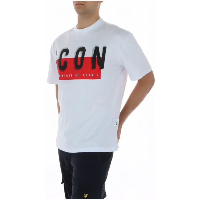 Weißes, kurzärmeliges Baumwoll-T-Shirt mit Rundhalsausschnitt und kräftigem schwarzen Aufdruck icon Beschriftung und roter Streifen von Icona, Modell IUT041