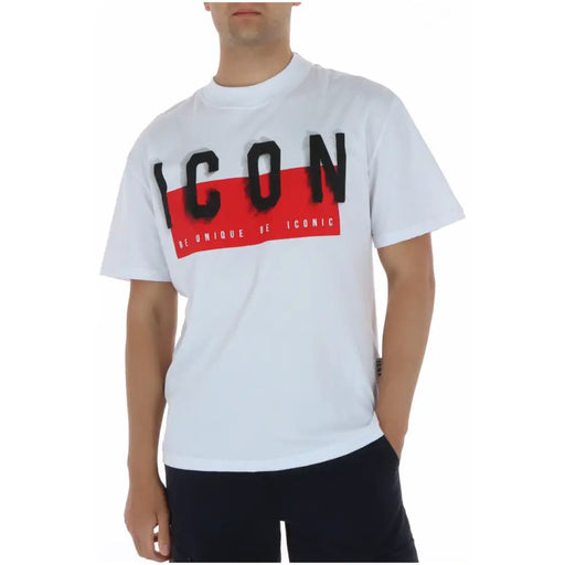 White cotton round neck t shirt with bold black icon lettering on red background and be unique be iconic print below