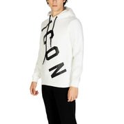 Icon men white hooded sweatshirt with bold black icon print on front made of comfortable fabric