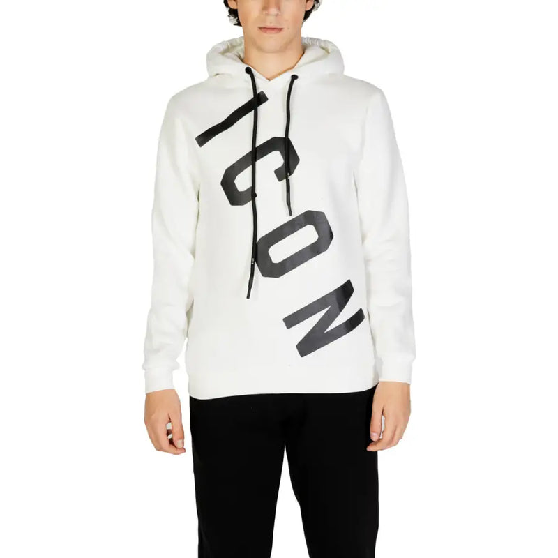 White long-sleeved hooded sweatshirt with black drawstrings and ICON print for men