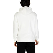 Person wearing white hooded sweatshirt with print, viewed from behind, product shot