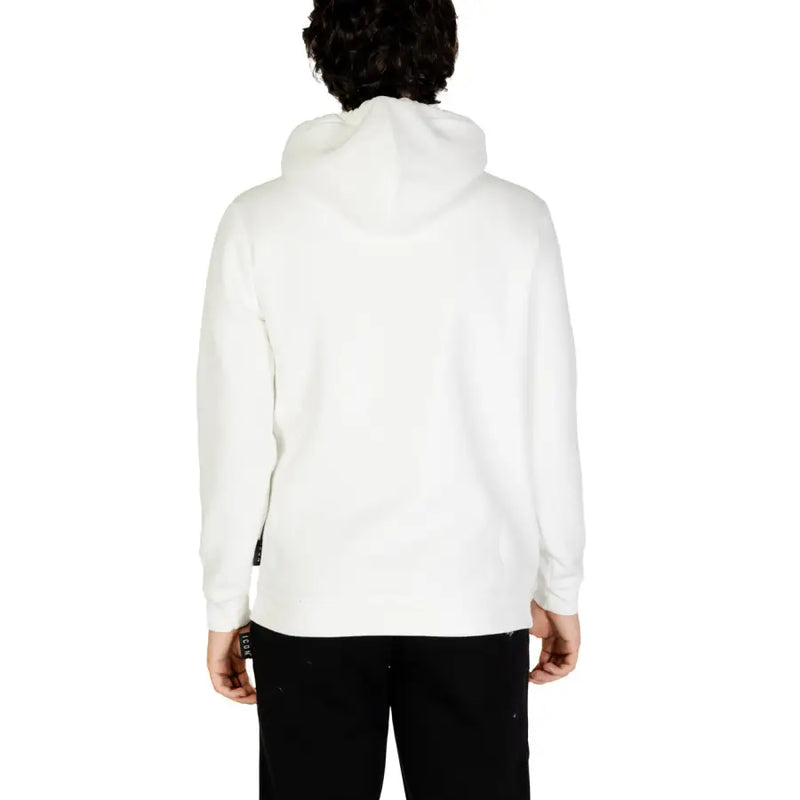 Person wearing white hooded sweatshirt with print, viewed from behind, product shot