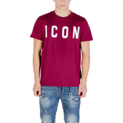 Men’s magenta short-sleeved cotton T-shirt with ICON print paired with distressed blue jeans