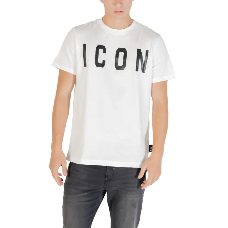 White men round neck cotton t shirt with bold black icon lettering across the chest