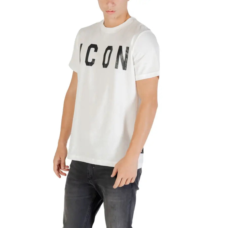 White cotton t shirt for men with bold black icon lettering and round neck design