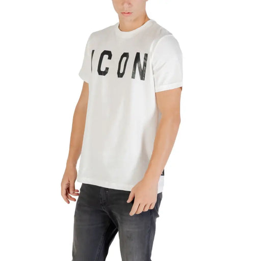 Men’s white round neck cotton T shirt with ICON print paired with dark wash jeans