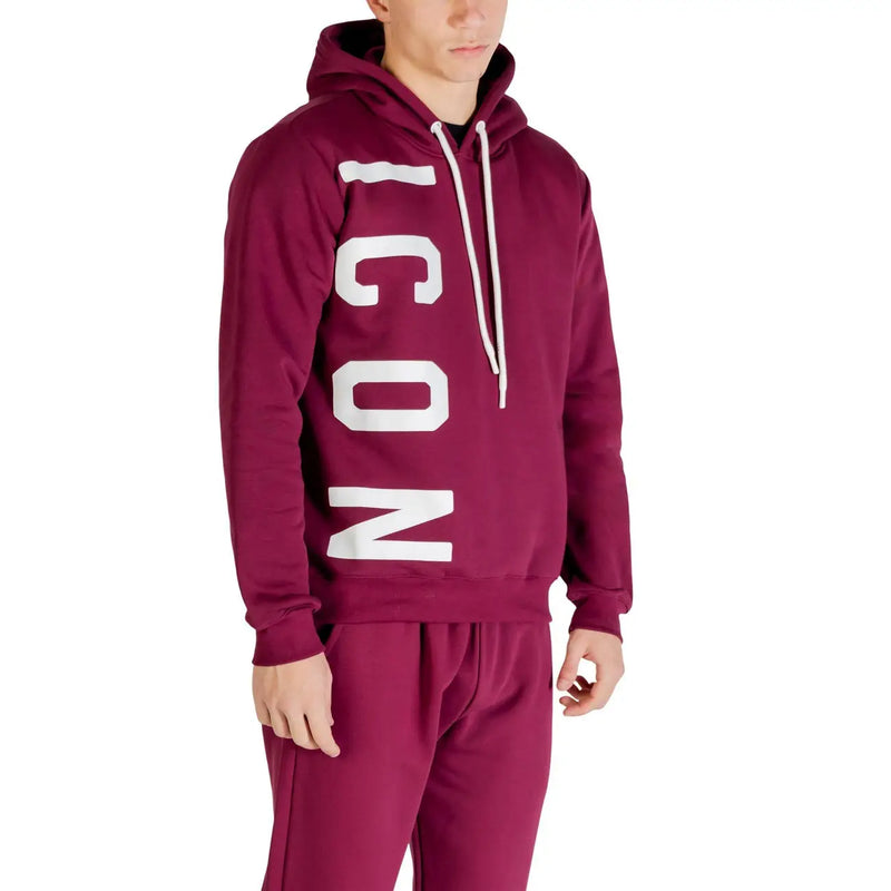 Icon Herren-Hoodie aus bordeauxroter Baumwolle mit auffälligem weißen, vertikalen Schriftzug und passenden Kordelzügen
