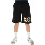 Schwarze Sweatshorts icon Herrenshorts in Schwarz mit Gold icon Logo und Text auf dem linken Bein, Vorderansicht