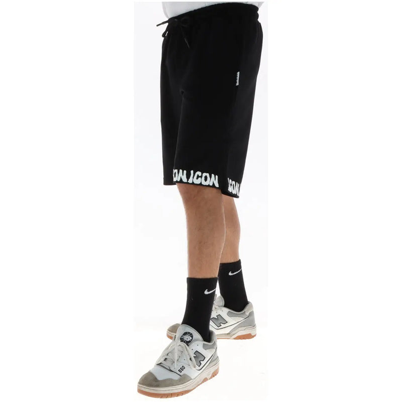 Icon Schwarze Herren-Shorts mit Kordelzug und weißen Akzenten icon Schriftzug am Saum, Vorderansicht