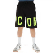 Icon Schwarze, kurze Sweatshorts für Herren mit auffälligem Neongrün icon Beschriftung, Vorderansicht