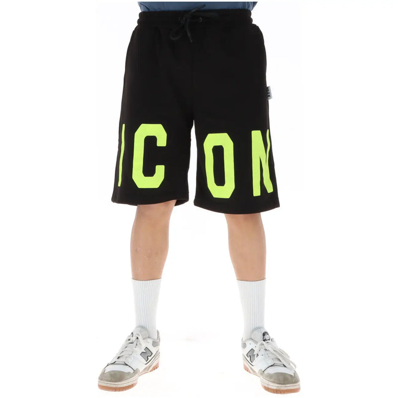 Icon Schwarze, kurze Sweatshorts für Herren mit auffälligem Neongrün icon Beschriftung, Vorderansicht