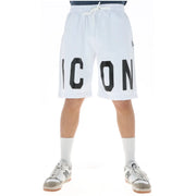 Icon weiße Herrenshorts mit kräftigem Schwarz icon Schriftzug und Kordelzugbund, Vorderansicht