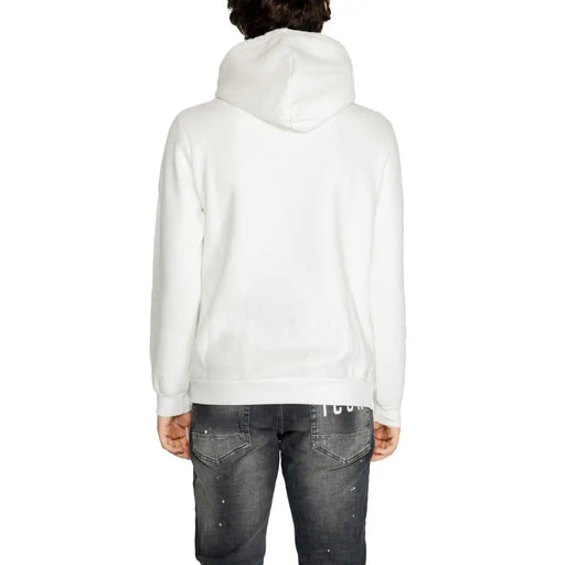 White hooded sweatshirt with round neck and pocket paired with faded black jeans