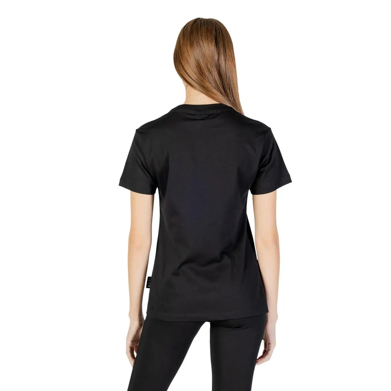 Icon women black cotton t-shirt with print showing the back side featuring a subtle branding tag at the hem