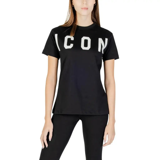 Black short-sleeved Icon Women cotton t-shirt with bold white print