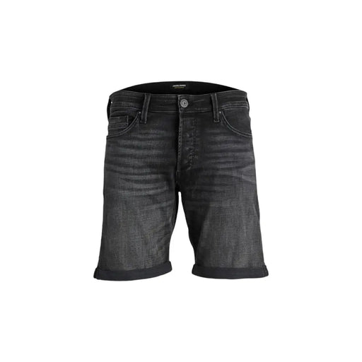 Black denim shorts with distressed details and rolled hem.