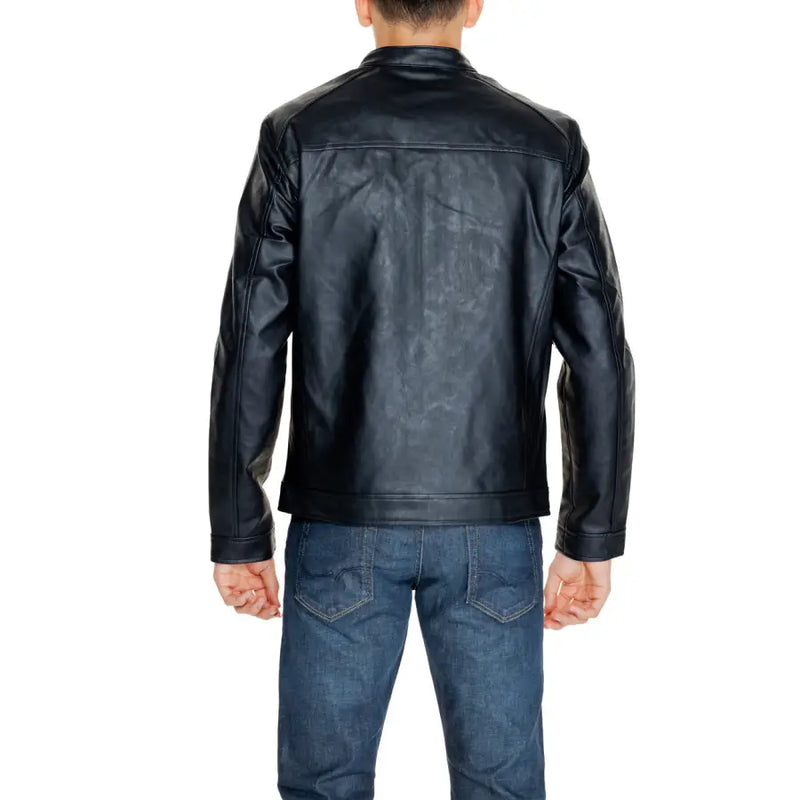 Men’s black faux leather jacket and blue jeans from Jack & Jones Fall Winter collection