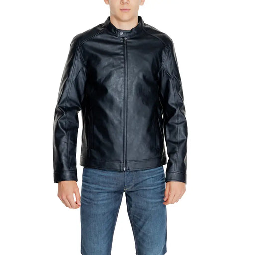 Men’s black faux leather motorcycle jacket from Jack & Jones for fall winter collection