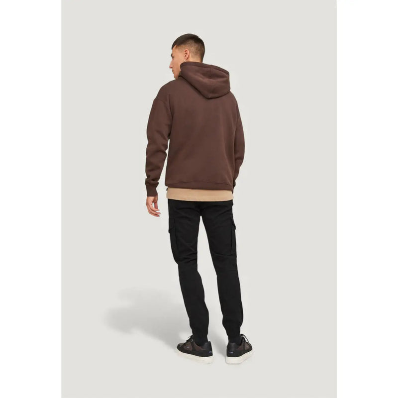 A brown hooded sweatshirt with a relaxed fit and ribbed cuffs paired with Jack & Jones black cotton blend trousers