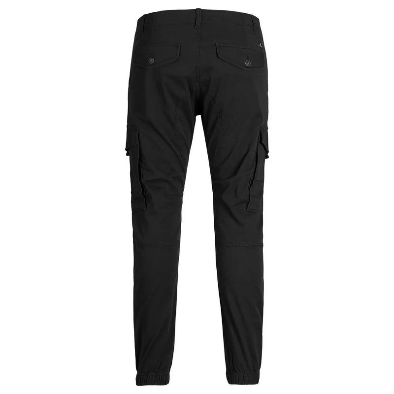 Black cargo pants by Jack & Jones featuring multiple pockets and tapered legs made from a cotton blend fabric