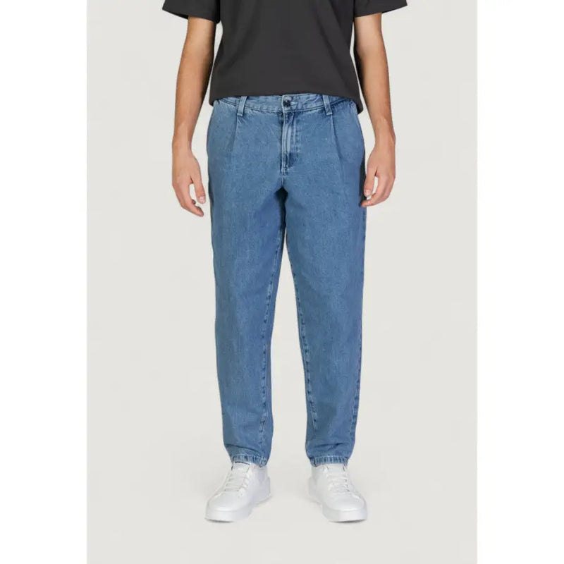 Jack & Jones blue cotton jeans for men with light-wash, relaxed straight-leg cut and visible stitching details