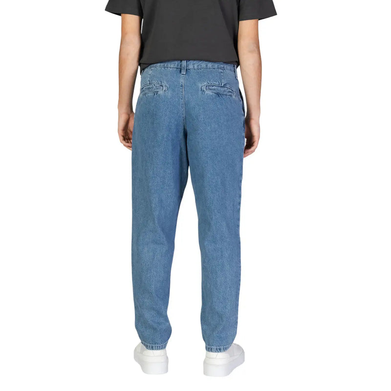 Back view of jack and jones blue cotton jeans for men in light-wash with relaxed straight-leg cut and classic pockets