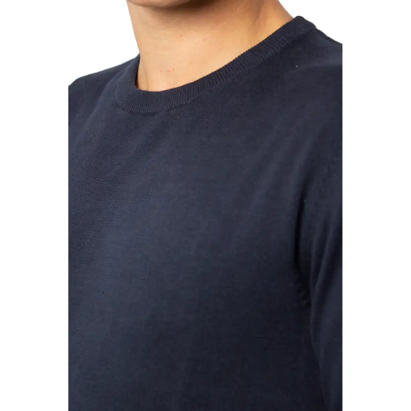 Navy blue cotton knit Jack & Jones crew neck sweater featuring a round neck design for casual wear