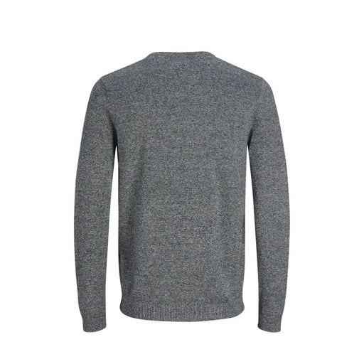 Charcoal gray crew neck sweater with ribbed cuffs and hem, likely made of wool or cotton blend.