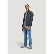 Dark gray bomber jacket with sleek modern design and subtle front zipper detailing paired with jack & jones blue jeans with worn out effect