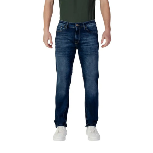 Dark blue Jack & Jones organic cotton stretch jeans with a classic straight-leg cut and subtle worn-in fading
