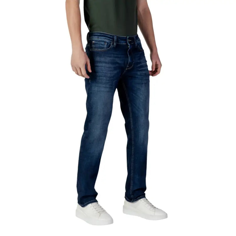 Dark blue slim fit jeans by Jack & Jones made from organic cotton stretch with subtle fading