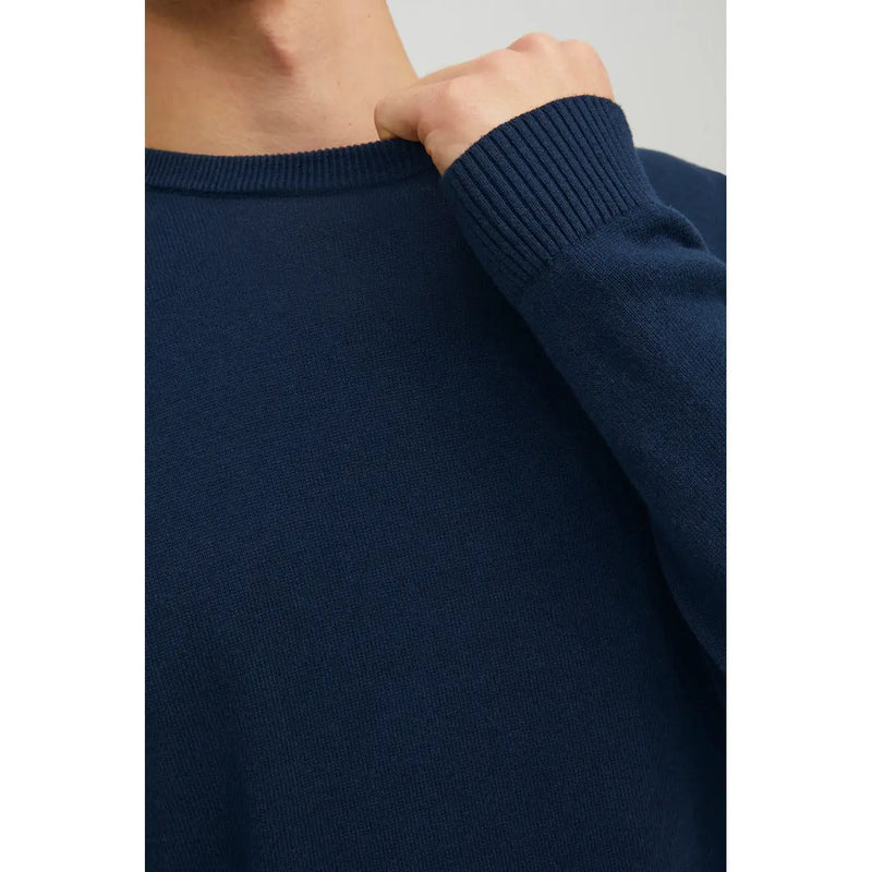 Jack & Jones Herren-Baumwollpullover in Marineblau mit Rippstrick, Rundhalsausschnitt und langen Ärmeln, Vorderansicht